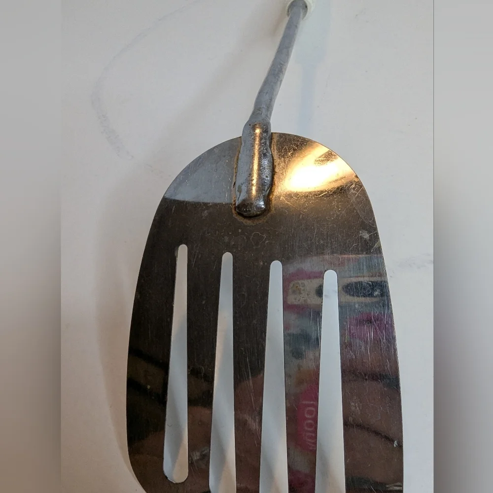 Ekco Slotted Angled Vtg Spatula Chromium Plated - Plastic White Handle 13” Long